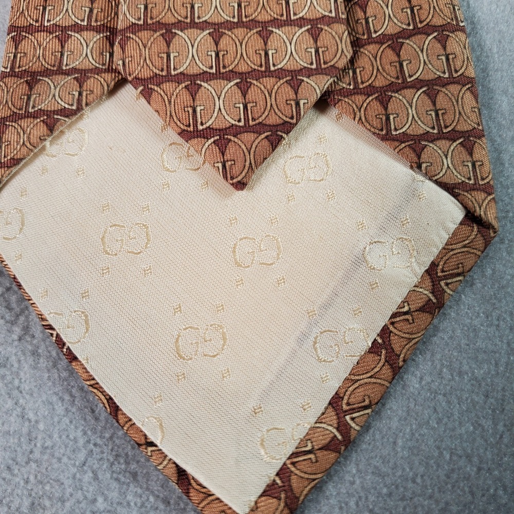 Gucci Tie Mens Brown Beige GG Monogram Silk Made In Italy Designer Luxury Office - Picture 5 of 8
